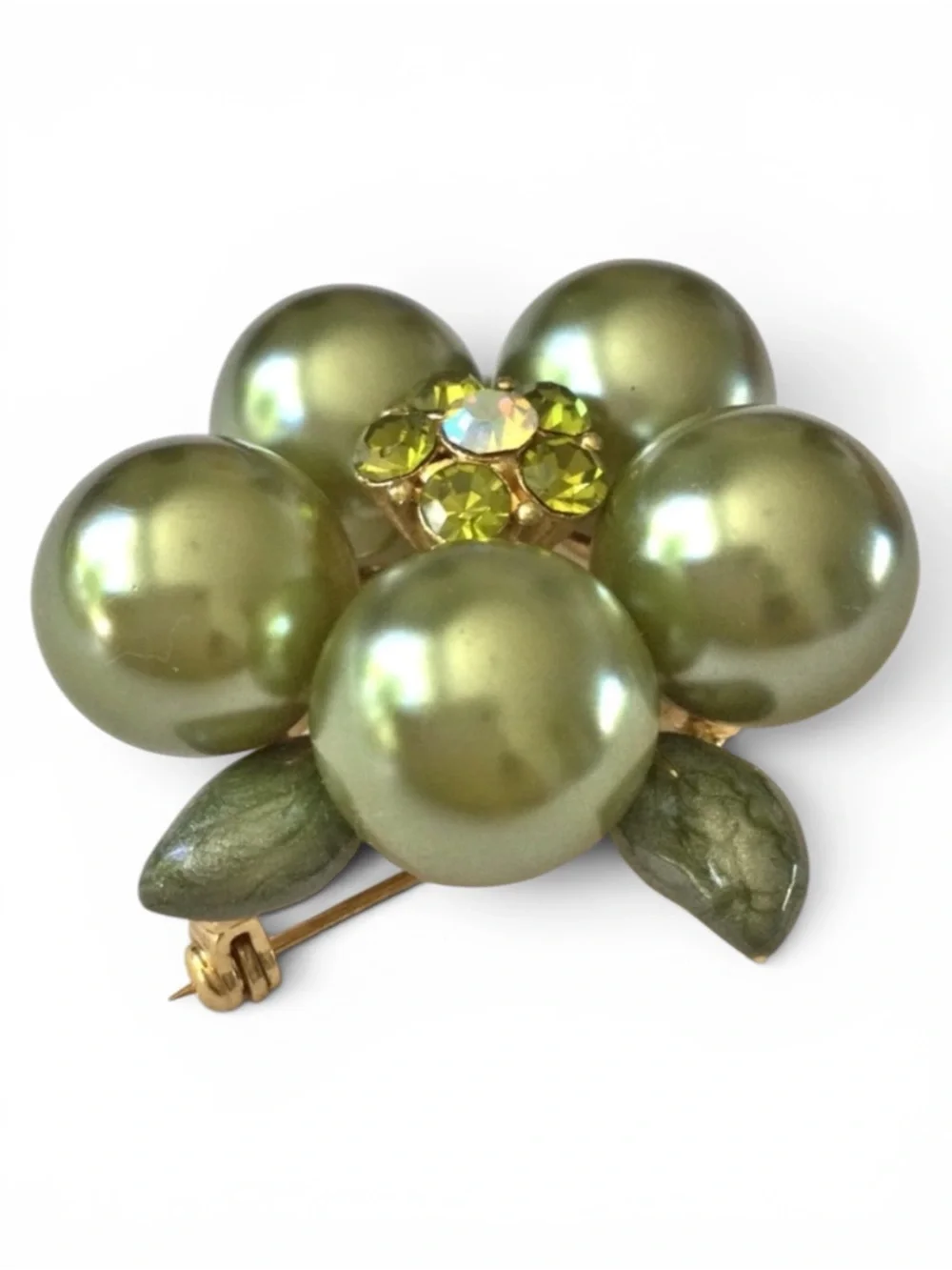 Vintage Faux Pearl & Enamel Floral Brooch • AB & Peridot Rhinestones - Picture 6 of 11